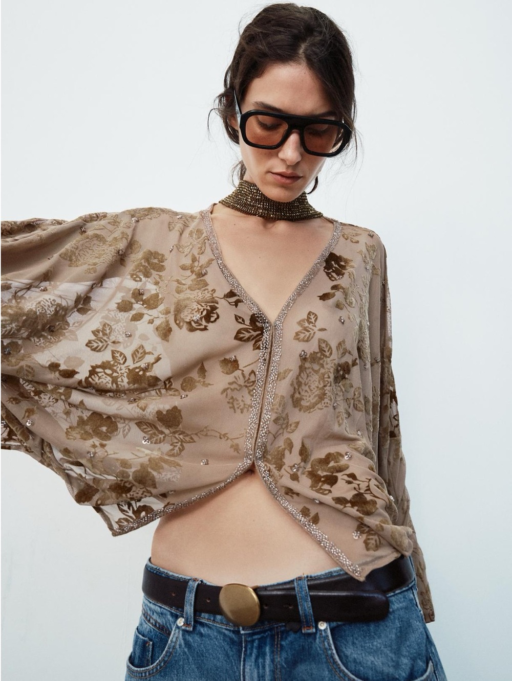 ZARA FLOCKED EMBROIDERED BLOUSE